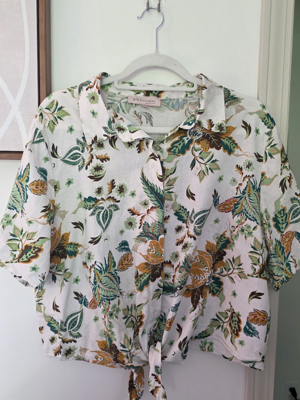 White Floral Tie-Front Blouse with Green and Mustard Print